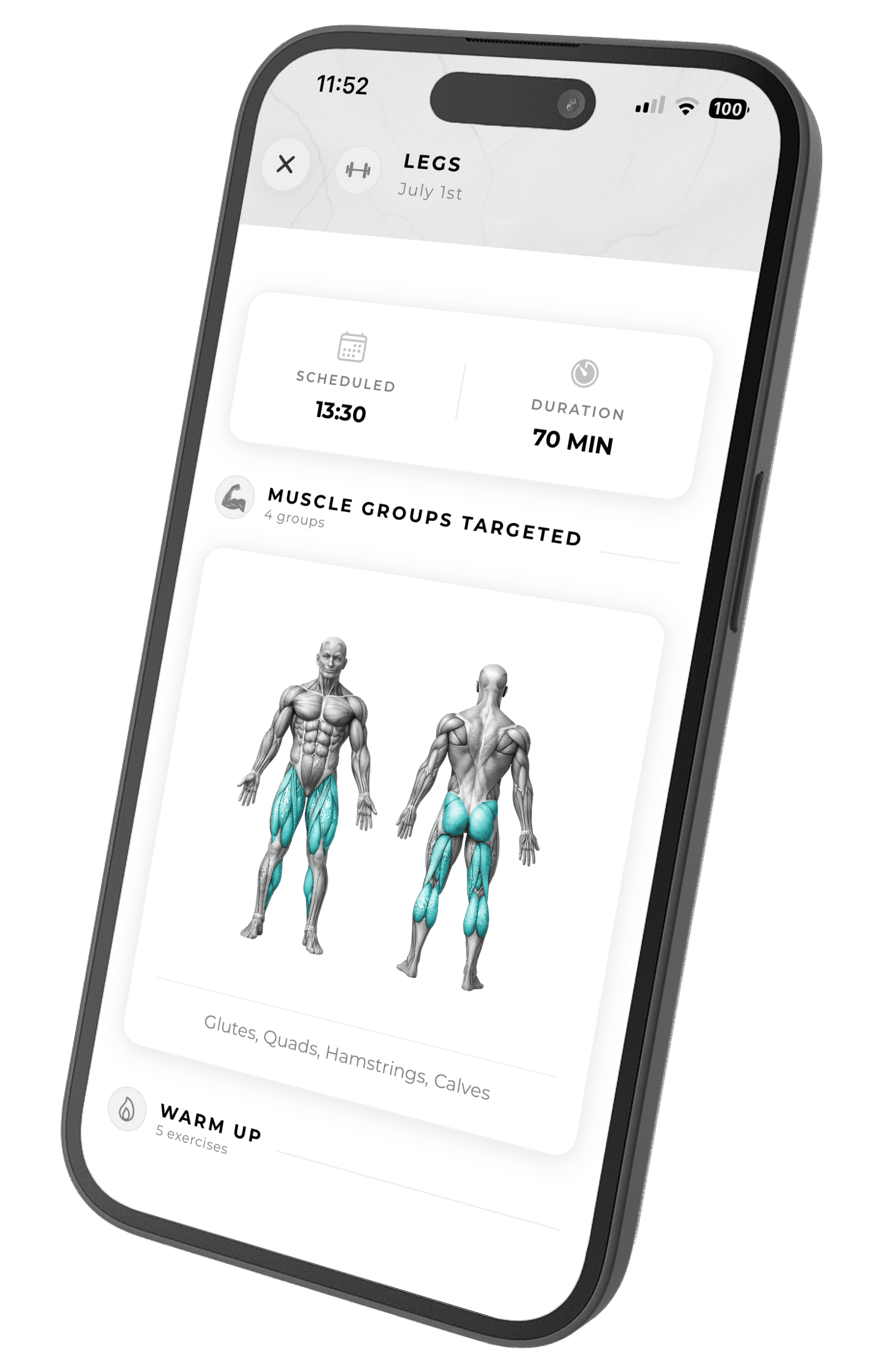 The Derivere app, open to a scheduled workout